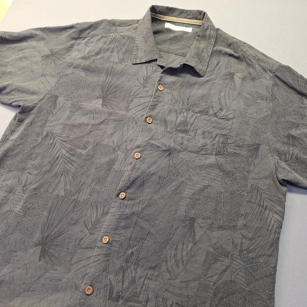 Tommy Bahama Mens XL Silk Tropical Palm Leaf Button Up Shirt Grey Black Vacation